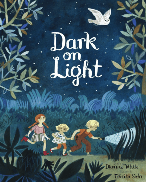 Three children search the woods at night while an owl flies overhead